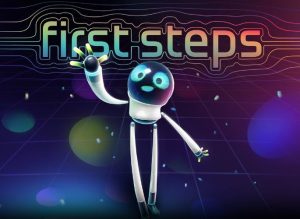 Screenshot of robot used in meta vr app with text 'first steps' above the robot's head.