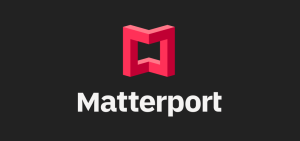 Matterport Logo. White text on black background. red square above text.