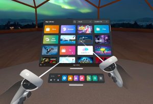 Screenshot of Meta App Library in Virtual Reality. Image includes 2 controllers.