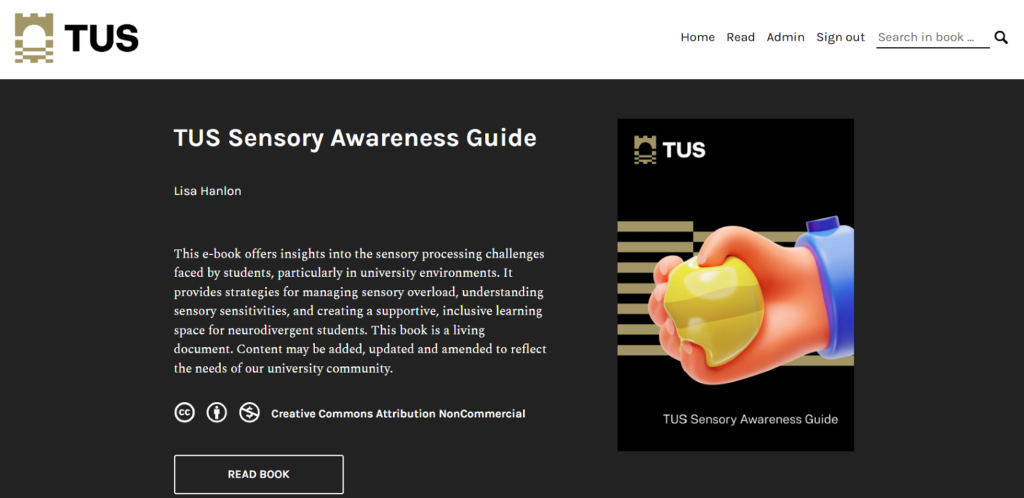 TUS Sensory Awareness Guide book cover of a cartoon character holding a fidget. Book description also included